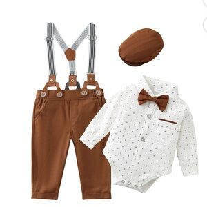 Brown Suspender Outfit with White Polka Dot Shirt